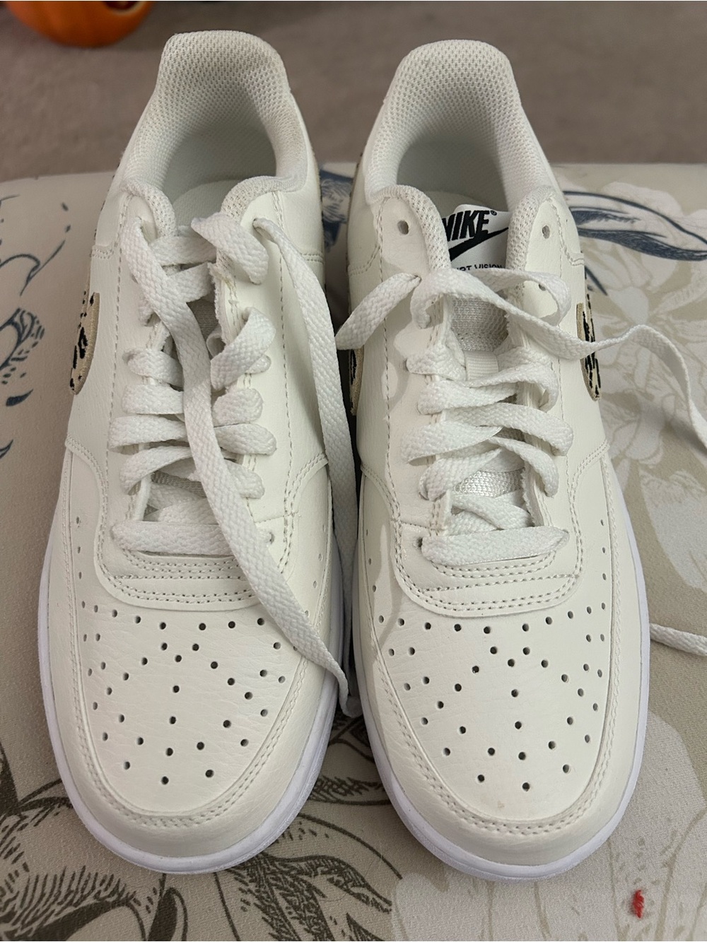 Nike White Low-Top Leather Sneakers Leopard Swoosh
